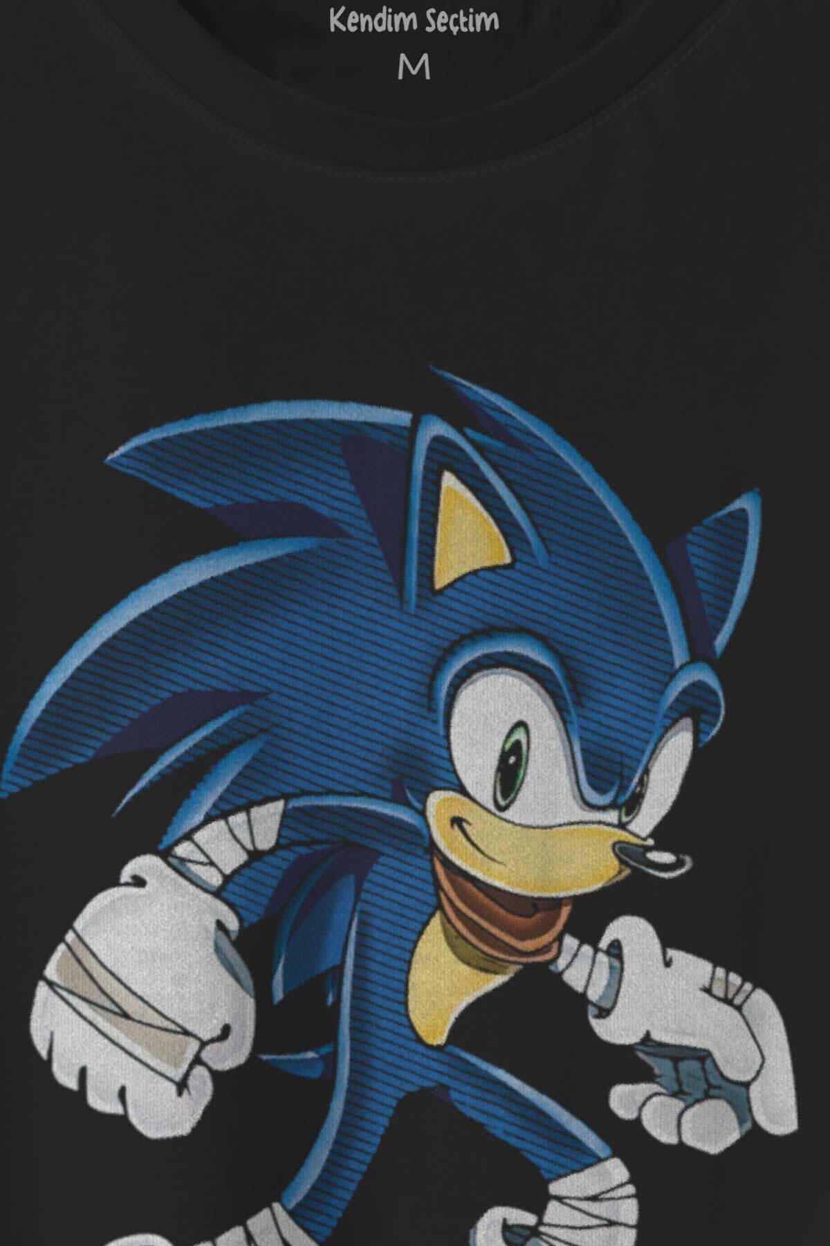 Sonic The Hedgehog Boom Cartoon Baskılı Siyah Unisex Tişört - 2