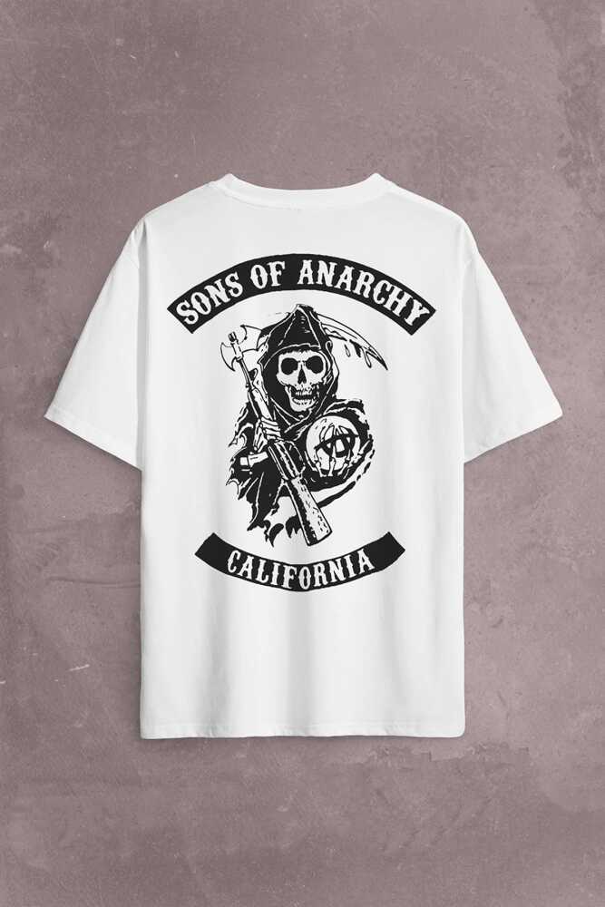 Sons Of Anarchy California Skull Hayalet Sırt Ön Baskılı Beyaz Oversize Tişört Unisex