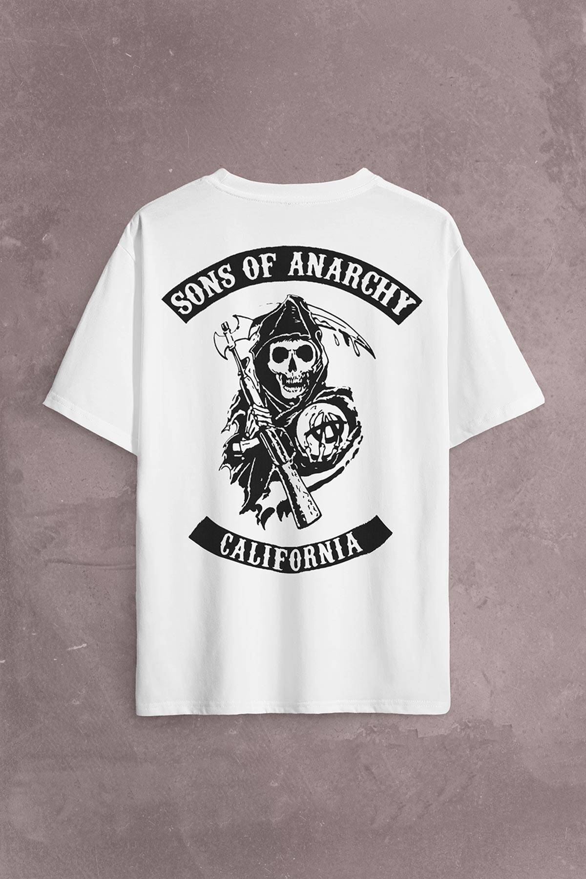 Sons Of Anarchy California Skull Hayalet Sırt Ön Baskılı Beyaz Oversize Tişört Unisex