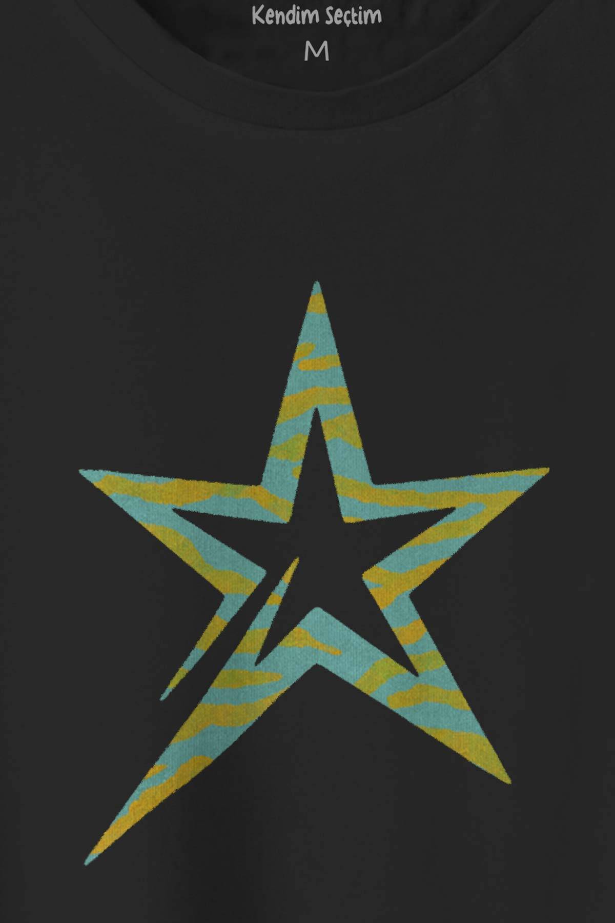 Star Y2k Colorful Renkli Yıldız Baskılı Siyah Tişört Unisex T-shirt (1)