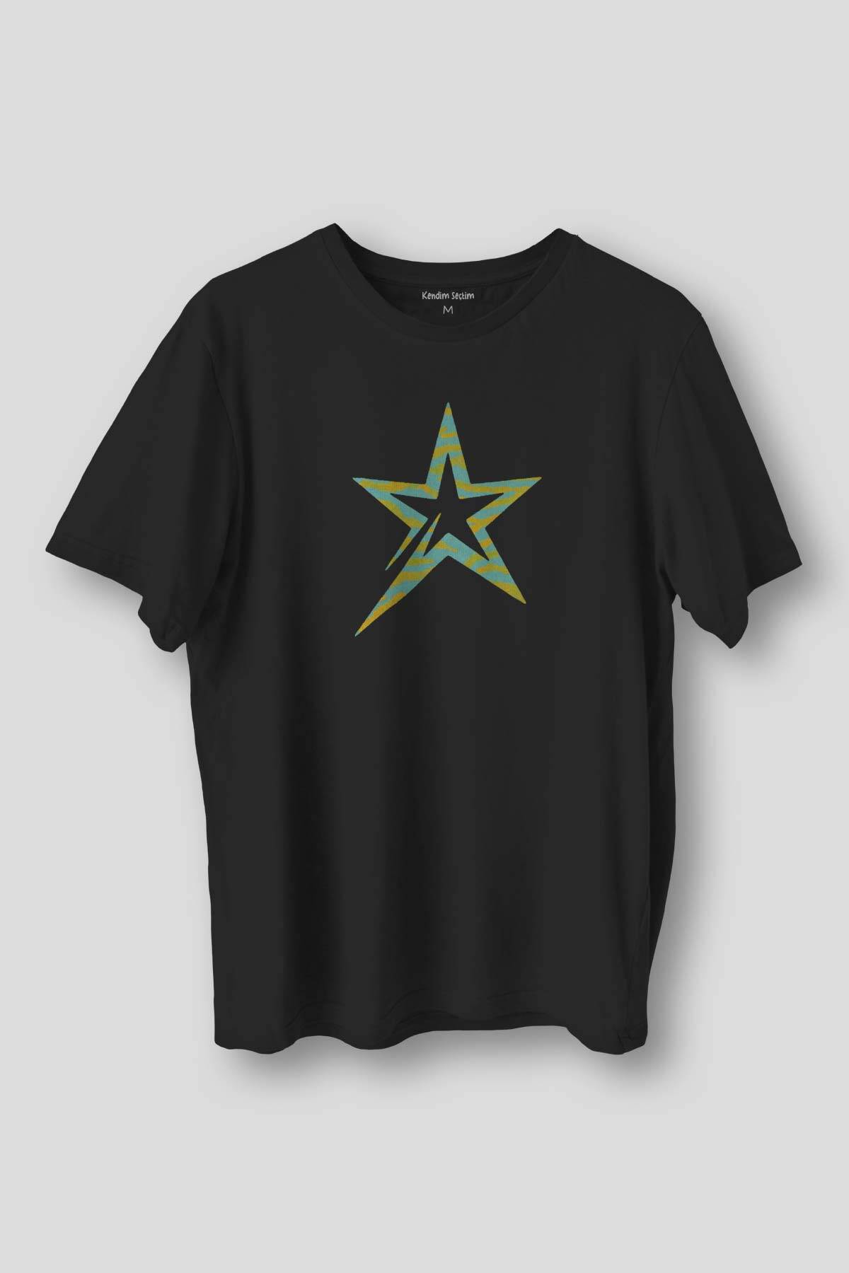 Star Y2K Colorful Renkli Yıldız Baskılı Siyah Tişört Unisex