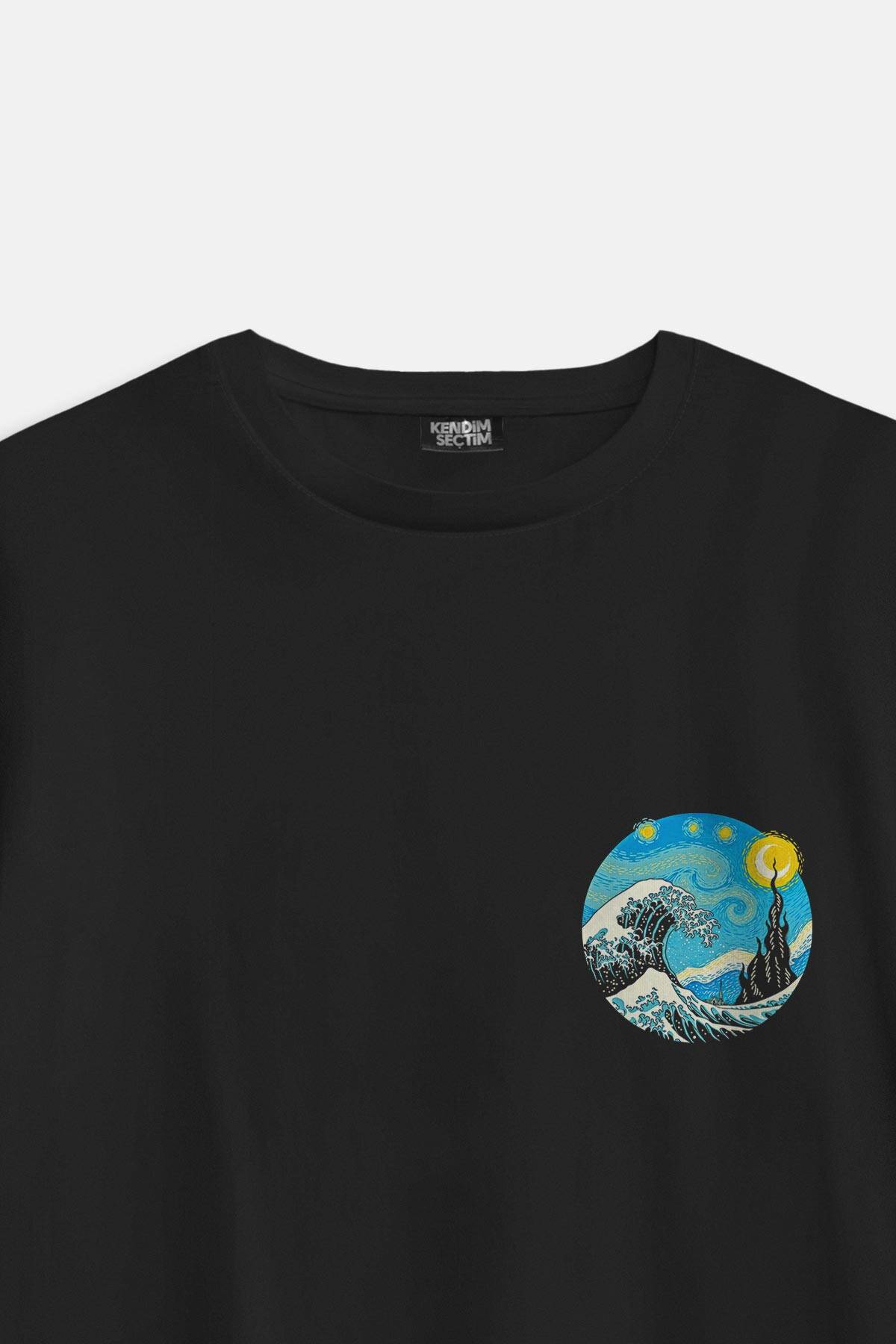 Starry Night Great Wave Hokusai Van Gogh Art Painting Sanat Minimal Baskılı Siyah Oversize T-shirt - 3