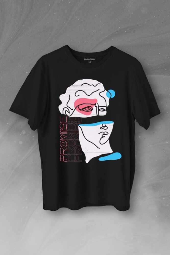 Statue Minimal Street Culture Soft Renkler Heykel Y2K Baskılı Siyah Tişört Unisex