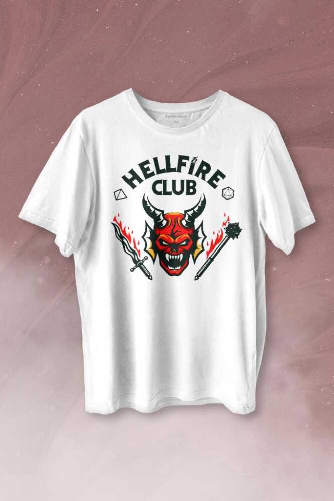 Stranger Things Hellfire Club Baskılı Beyaz Tişört Unisex
