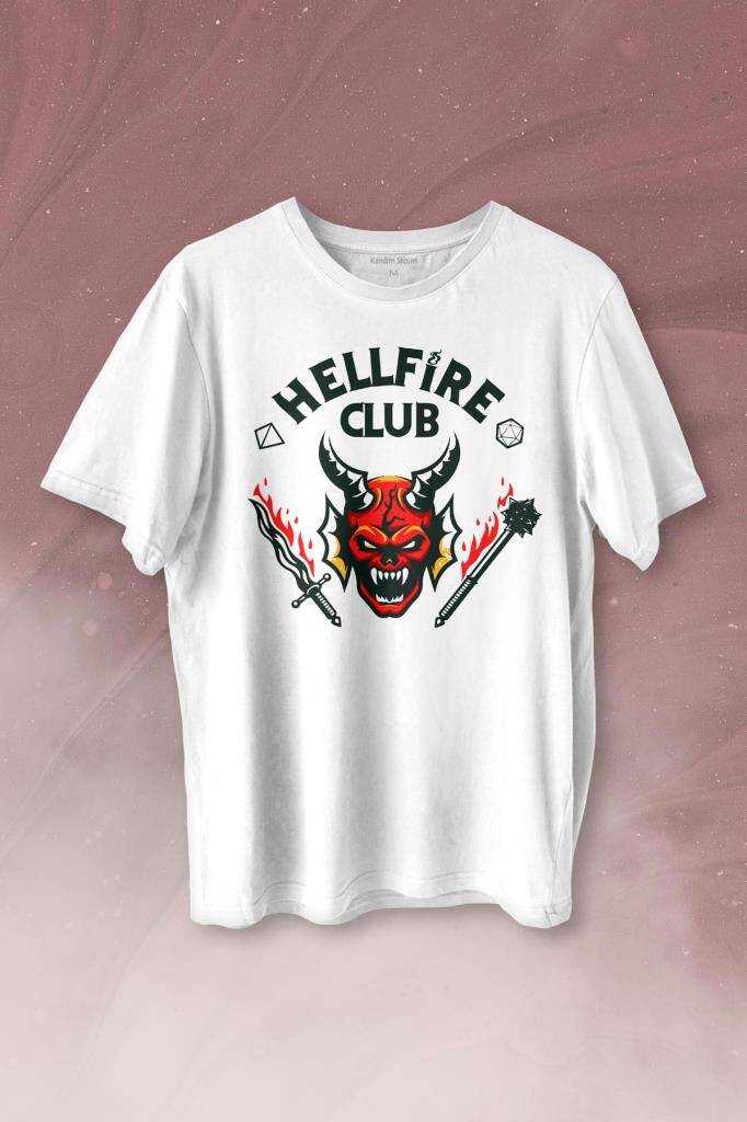 Stranger Things Hellfire Club Baskılı Beyaz Tişört Unisex