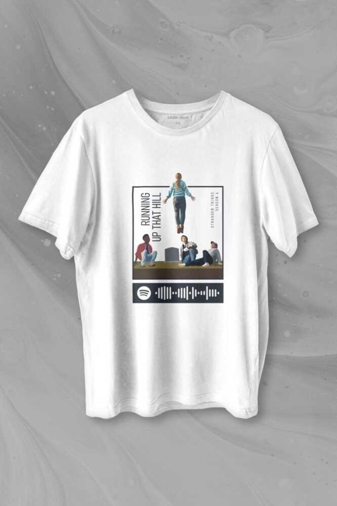 Stranger Things Sezon 4 Baskılı Running Up That Hill Beyaz Tişört Unisex
