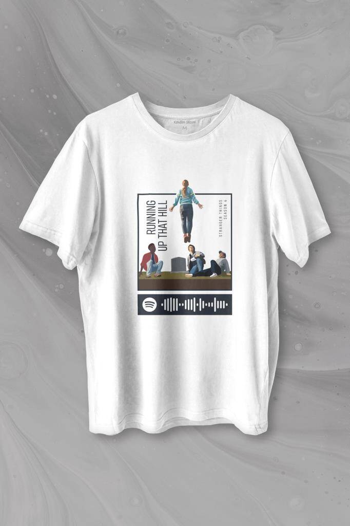 Stranger Things Sezon 4 Baskılı Running Up That Hill Beyaz Tişört Unisex