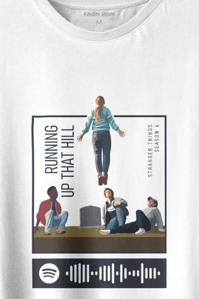 Stranger Things Sezon 4 Baskılı Running Up That Hill Beyaz Tişört Unisex (1)
