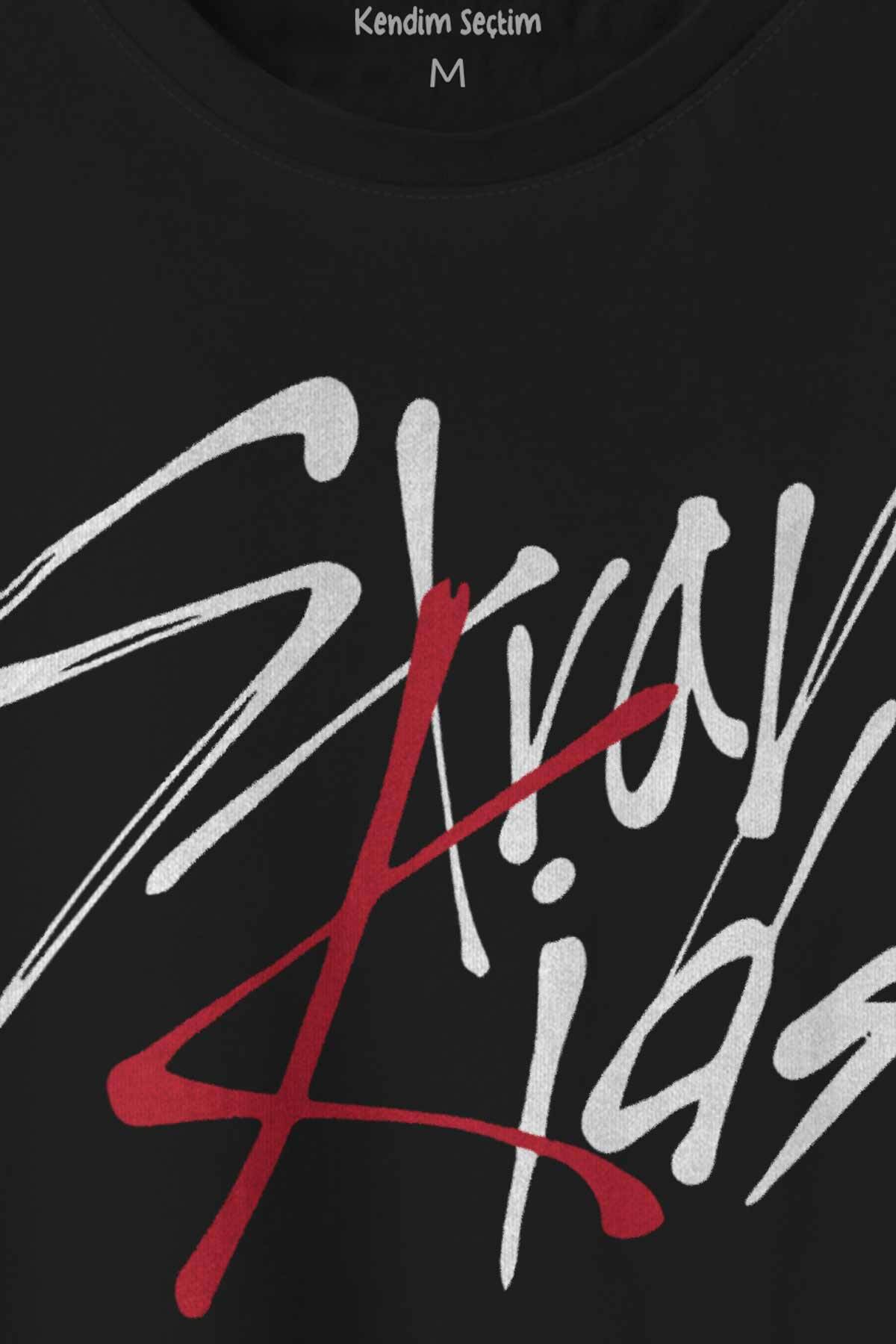 Stray Kids Kore K-Pop Baskılı Siyah Tişört Unisex (1)