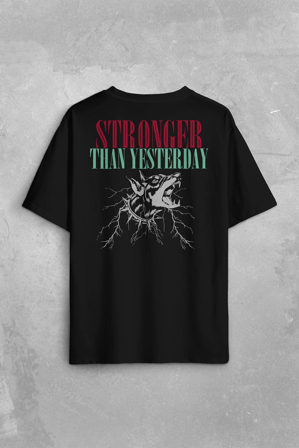Stronger Than Yesterday Dünden Daha Güçlü Dog Typo Köpek Sırt Ön Baskılı Oversize Tişört Unisex