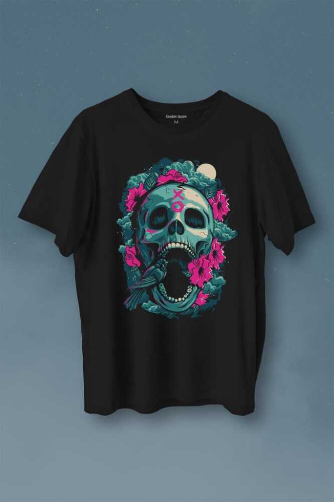 Sugar Skull Skeleton Rose Kuru Kafa Gül Baskılı Siyah Tişört Unisex
