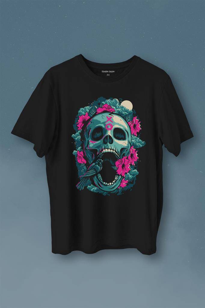 Sugar Skull Skeleton Rose Kuru Kafa Gül Baskılı Siyah Tişört Unisex
