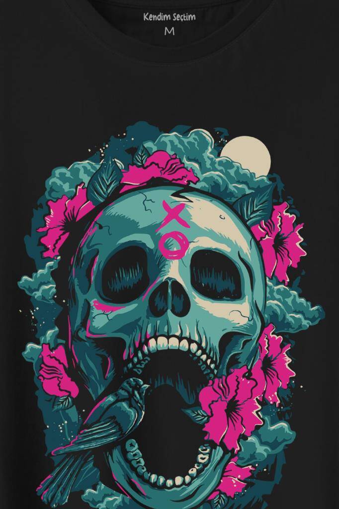 Sugar Skull Skeleton Rose Kuru Kafa Gül Baskılı Siyah Tişört Unisex (1)