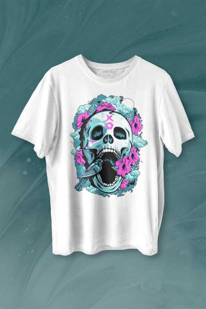Sugar Skull Skeleton Rose Kuru Kafa Gül Baskılı Beyaz Tişört Unisex