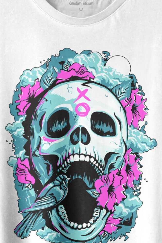 Sugar Skull Skeleton Rose Kuru Kafa Gül Baskılı Beyaz Tişört Unisex (1)