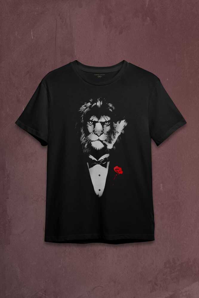 Suit Lion Aslan Takım Elbiseli ve Gül Rose Baskılı Tişört Unisex