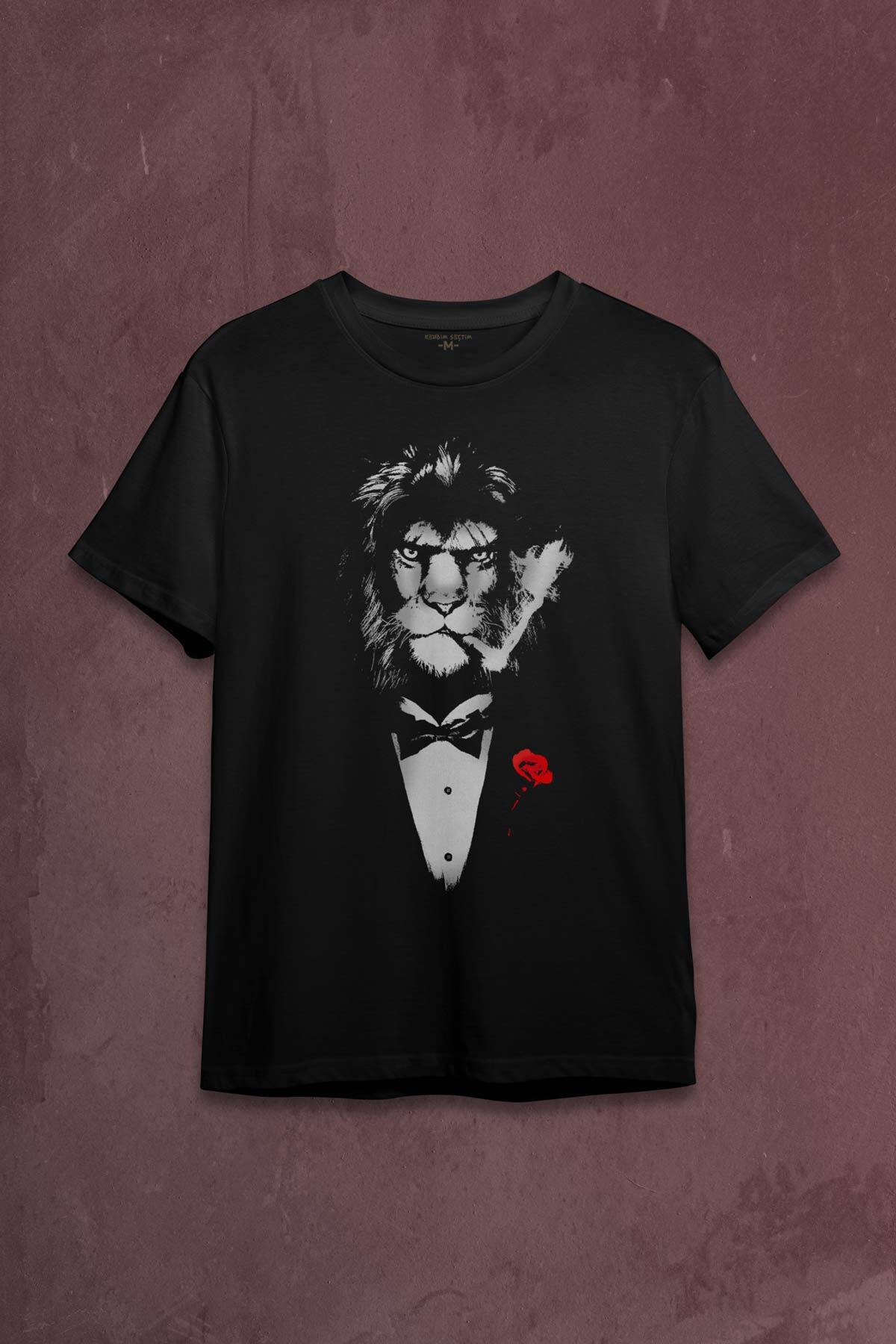 Suit Lion Aslan Takım Elbiseli ve Gül Rose Baskılı Tişört Unisex - 1