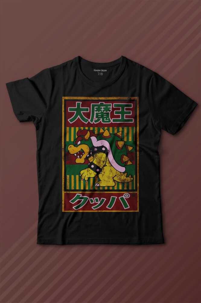 Super Mario Bowser Japanese Poster Baskılı Çocuk Tişört Siyah
