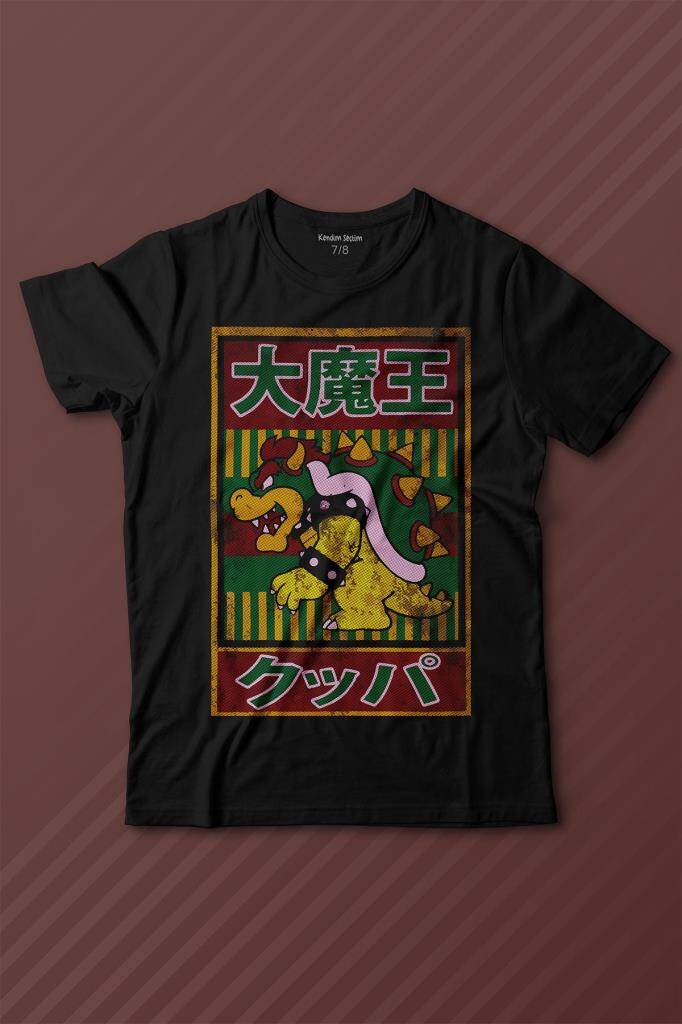 Super Mario Bowser Japanese Poster Baskılı Çocuk Tişört Siyah