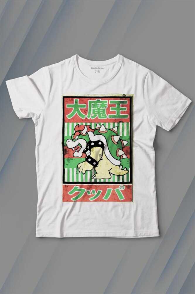 Super Mario Bowser Japanese Poster Baskılı Çocuk Tişört Beyaz