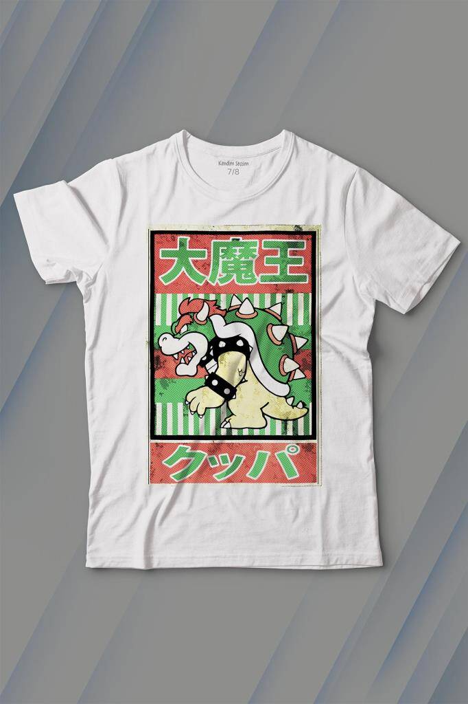 Super Mario Bowser Japanese Poster Baskılı Çocuk Tişört Beyaz