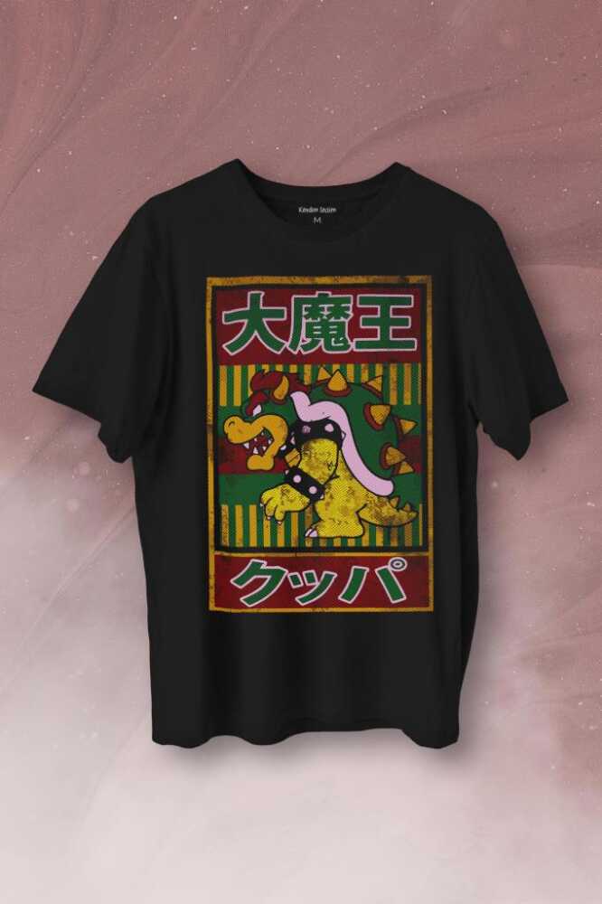 Super Mario Bowser Japanese Poster Baskılı Siyah Tişört Unisex
