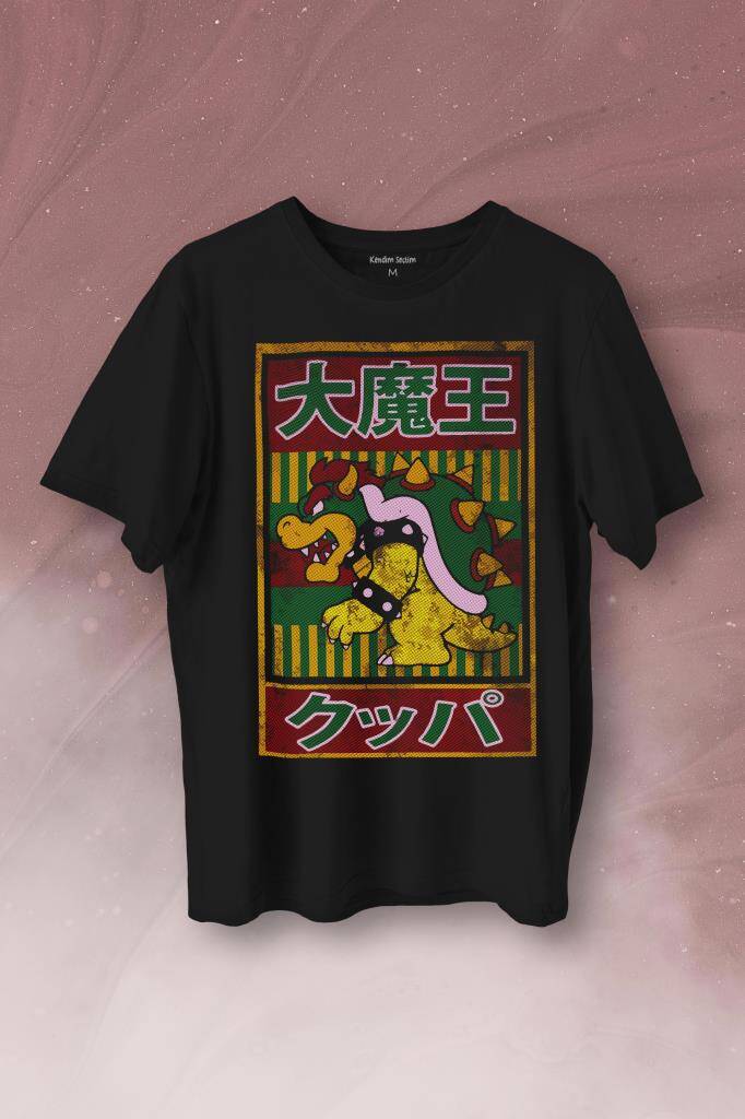 Super Mario Bowser Japanese Poster Baskılı Siyah Tişört Unisex