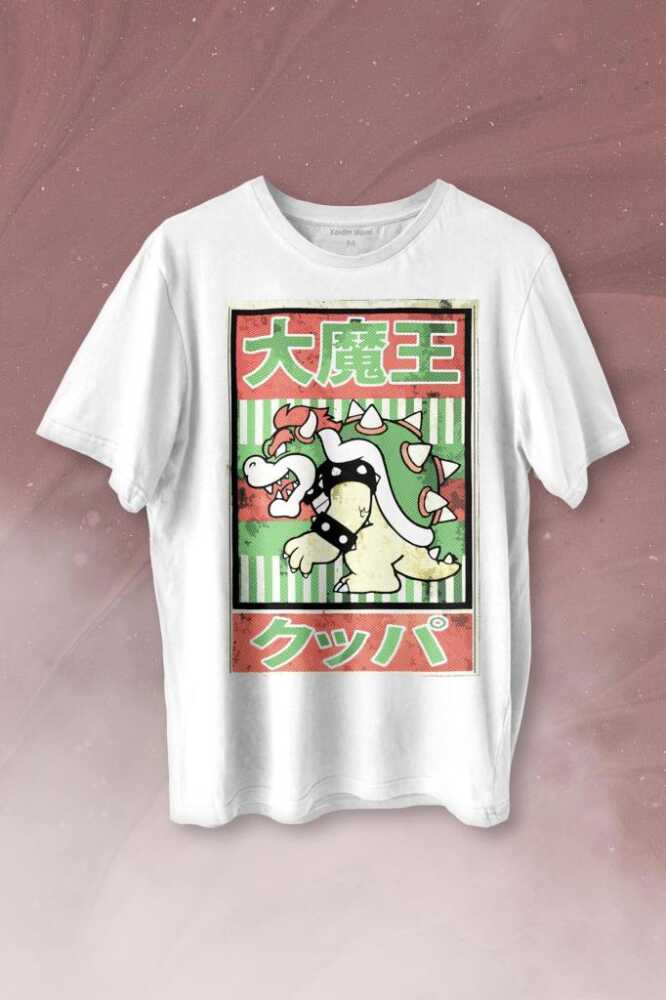 Super Mario Bowser Japanese Poster Baskılı Beyaz Tişört Unisex
