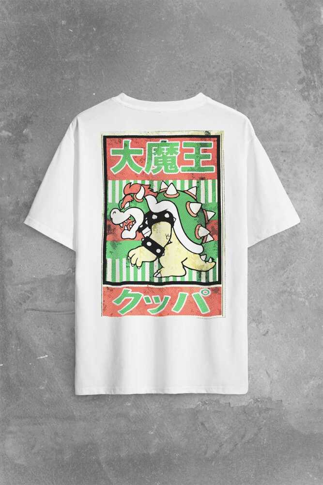 Super Mario Bowser Japanese Poster Sırt Ön Baskılı Beyaz Oversize Tişört Unisex