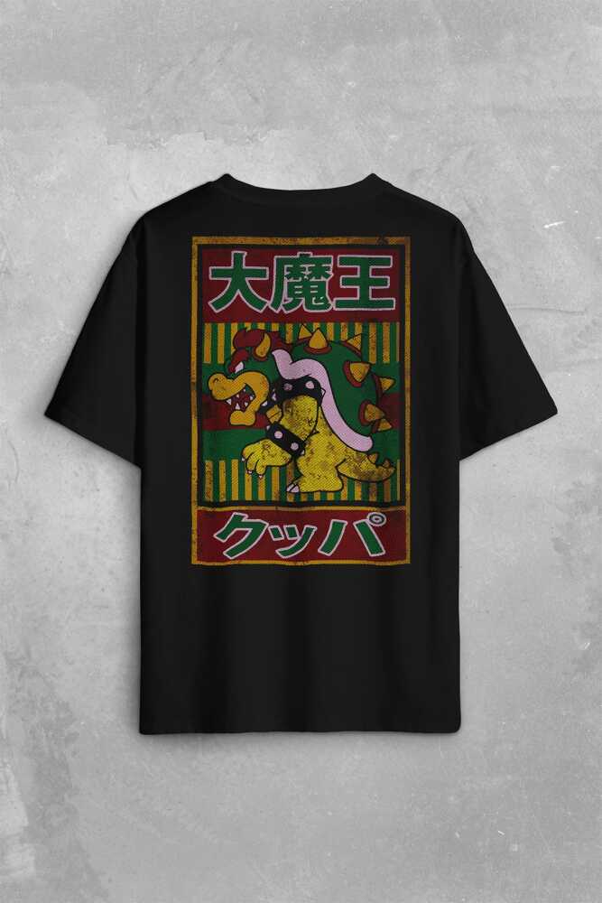 Super Mario Bowser Japanese Poster Sırt Ön Baskılı Siyah Oversize Tişört Unisex