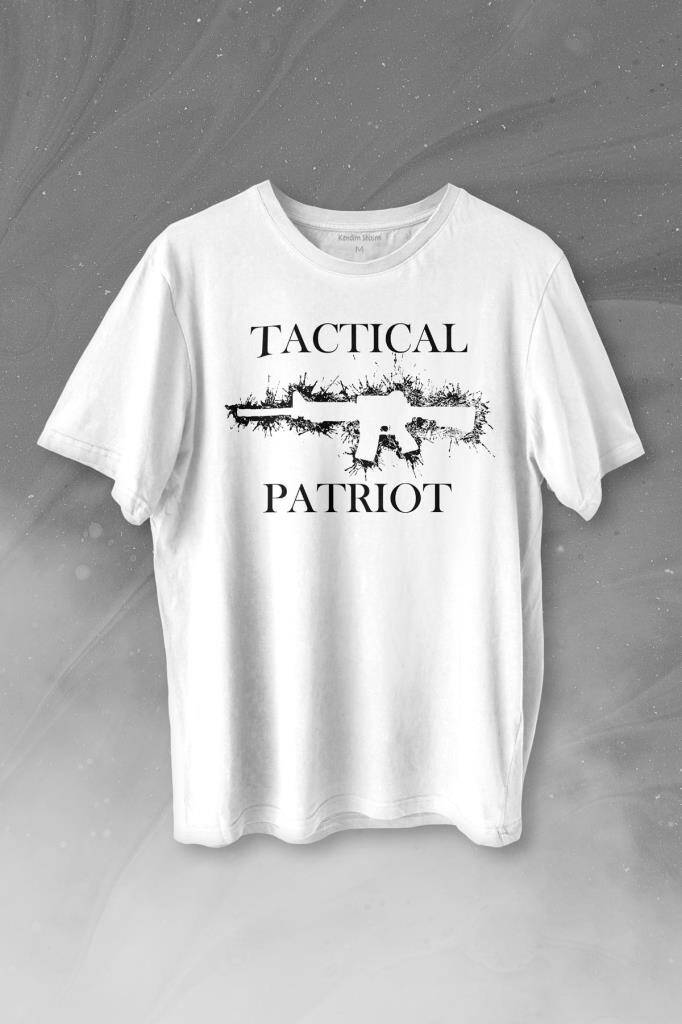 Tactical Patriot Military Tüfek Silueti Baskılı Beyaz Tişört Unisex
