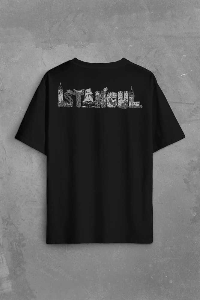 Tarihi İstanbul Siluet Tasarım Osmanlı Sırt Ön Baskılı Siyah Oversize Tişört Unisex (1)