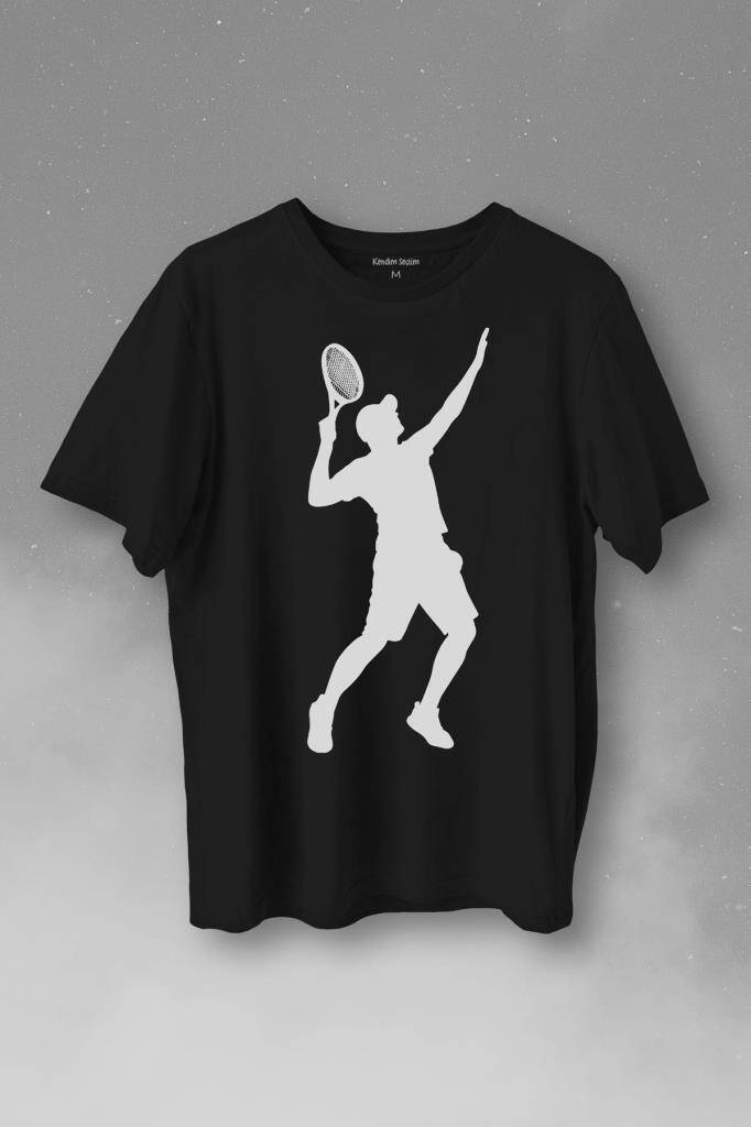 Tennis Player Tenis Raket Oyuncusu Siluet Baskılı Siyah Tişört Unisex