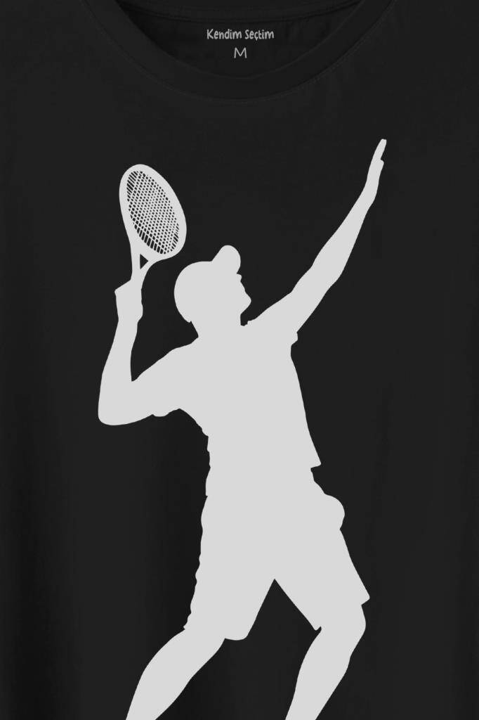 Tennis Player Tenis Raket Oyuncusu Siluet Baskılı Siyah Tişört Unisex (1)