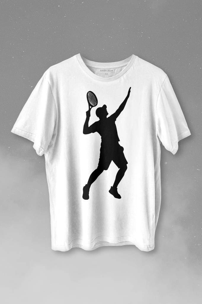Tennis Player Tenis Raket Oyuncusu Siluet Baskılı Beyaz Tişört Unisex