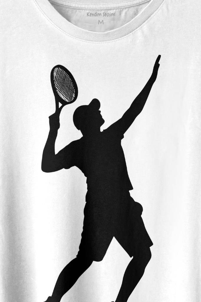Tennis Player Tenis Raket Oyuncusu Siluet Baskılı Beyaz Tişört Unisex (1)