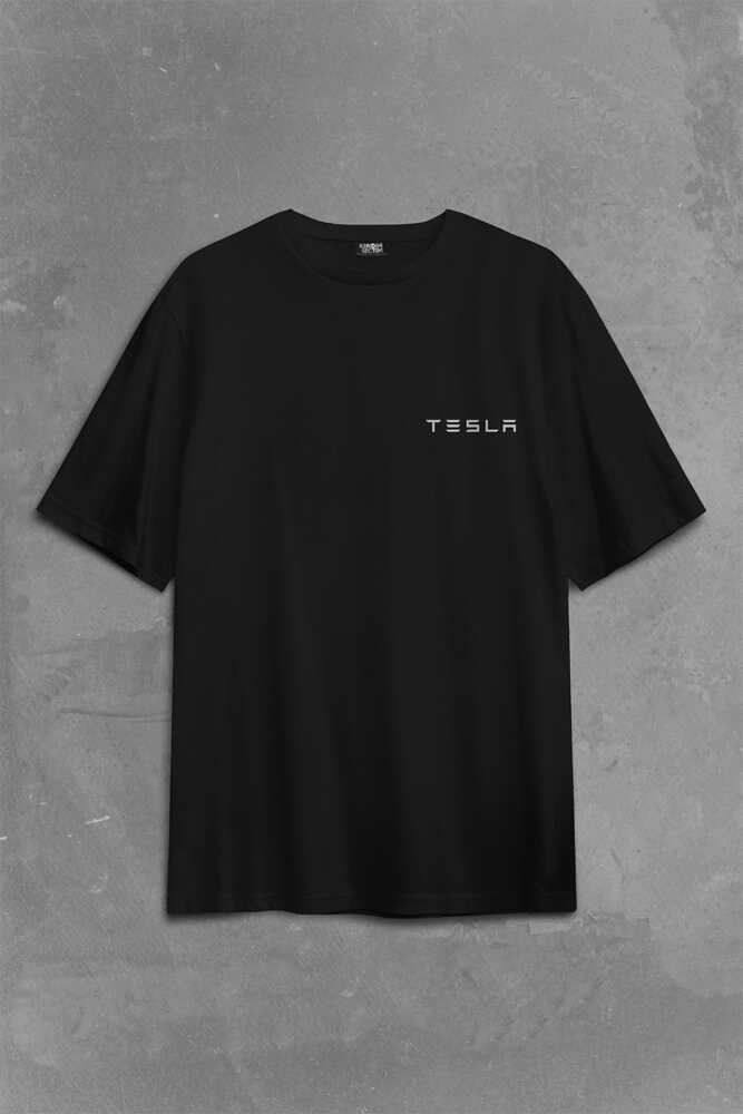 Tesla Motors Nikola Tesla Logo Elon Musk Sırt Ön Baskılı Siyah Oversize Tişört Unisex (1)