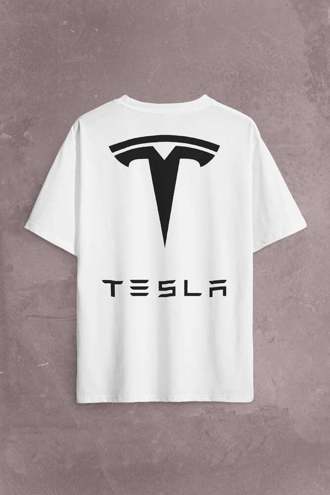 Tesla Motors Nikola Tesla Logo Elon Musk Sırt Ön Baskılı Beyaz Oversize Tişört Unisex (1)