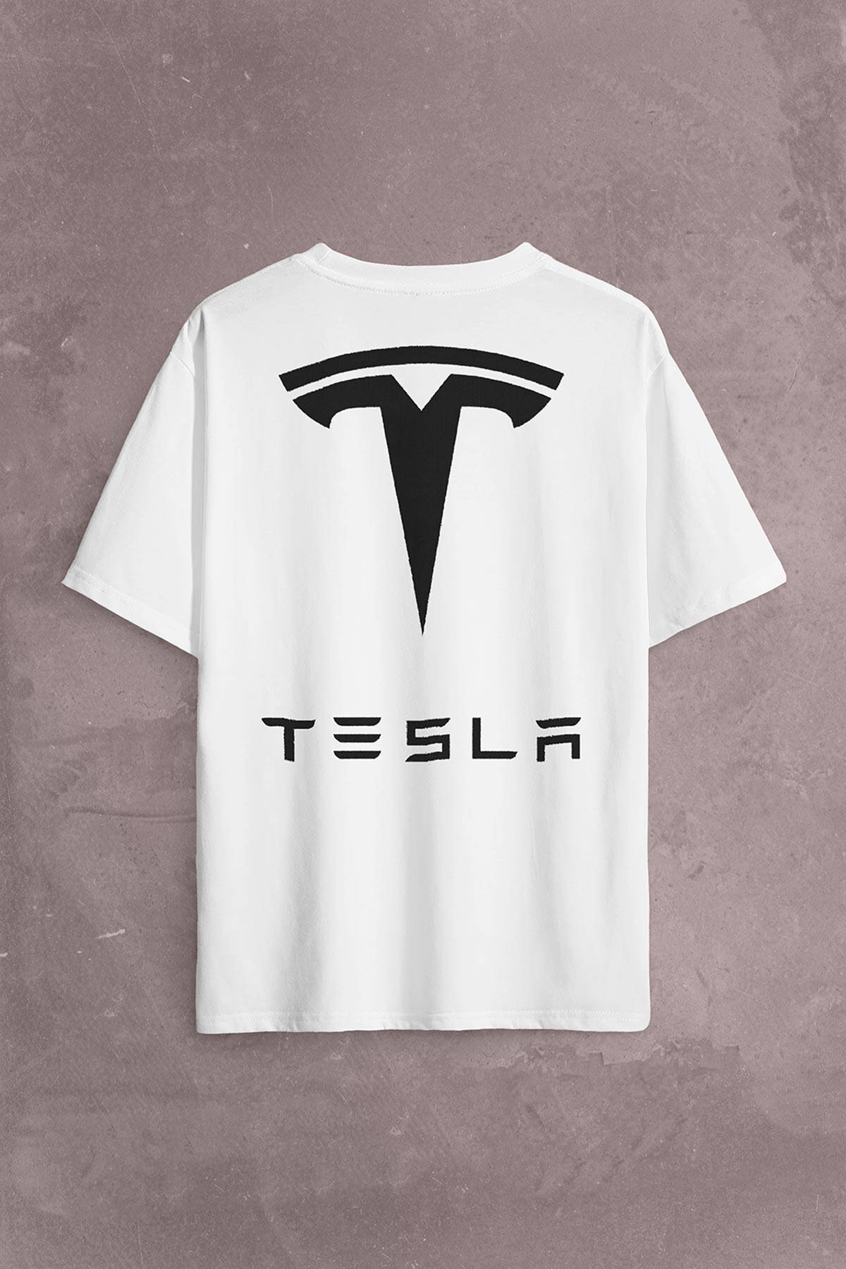 Tesla Motors Nikola Tesla Logo Elon Musk Sırt Ön Baskılı Beyaz Oversize Tişört Unisex (1)