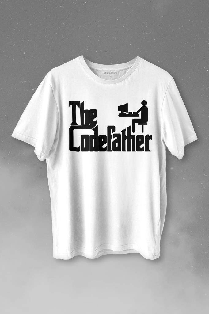 The Codefather Godfather Bilgisayar Code Korsan Hacker Yazılımcı Baskılı Beyaz Tişört Unisex