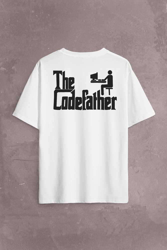 The Codefather Godfather Bilgisayar Code Korsan Hacker Yazılımcı Sırt Ön Baskılı Beyaz Oversize Tişört Unisex