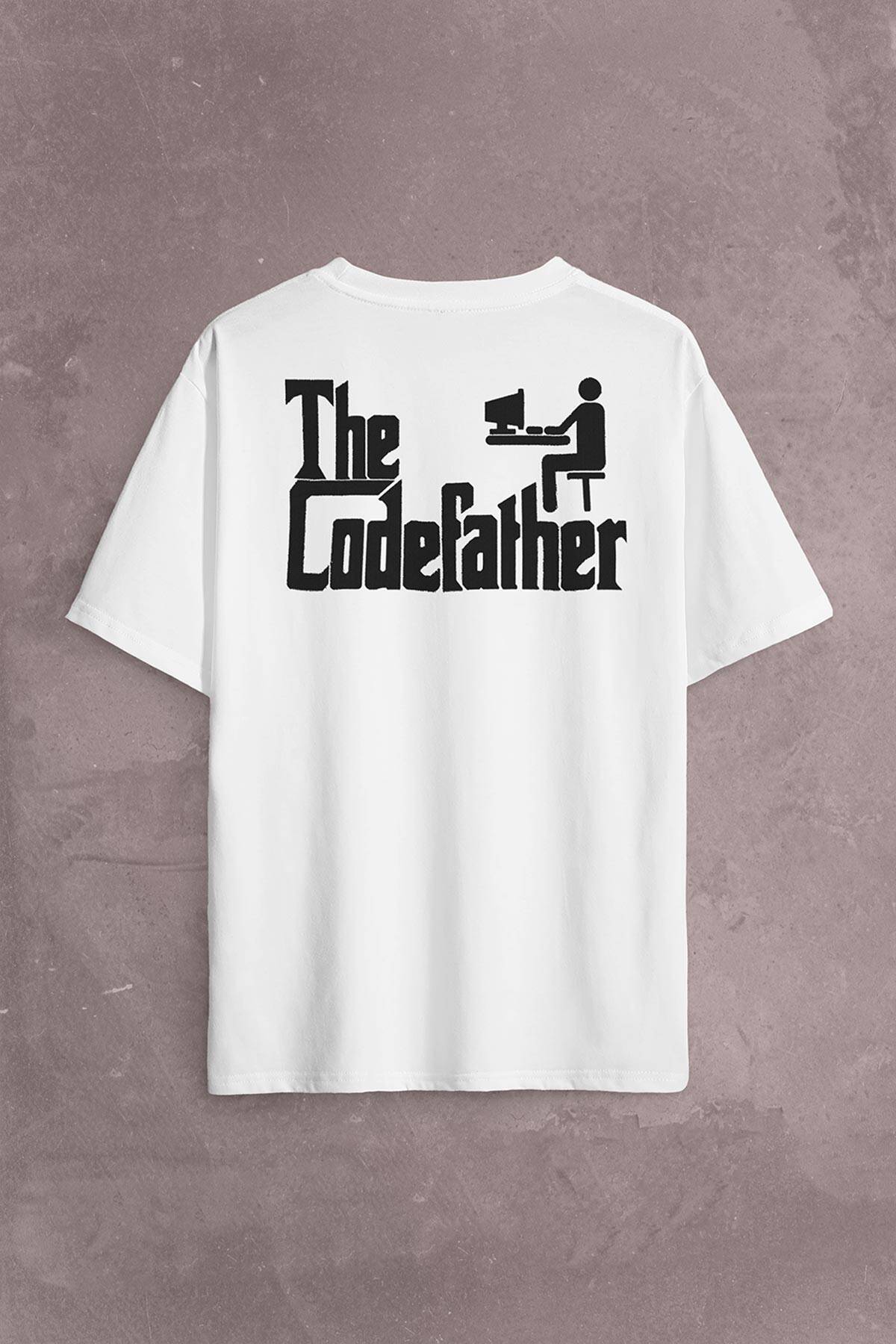 The Codefather Godfather Bilgisayar Code Korsan Hacker Yazılımcı Sırt Ön Baskılı Beyaz Oversize Tişört Unisex
