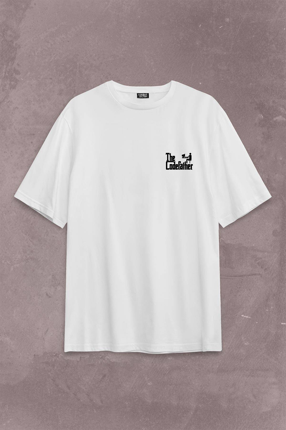 The Codefather Godfather Bilgisayar Code Korsan Hacker Yazılımcı Sırt Ön Baskılı Beyaz Oversize Tişört Unisex (1)