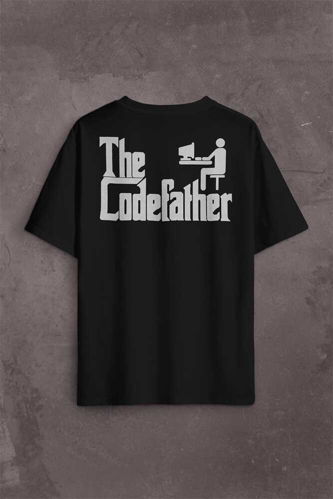 The Codefather Godfather Bilgisayar Code Korsan Hacker Yazılımcı Sırt Ön Baskılı Siyah Oversize Tişört Unisex