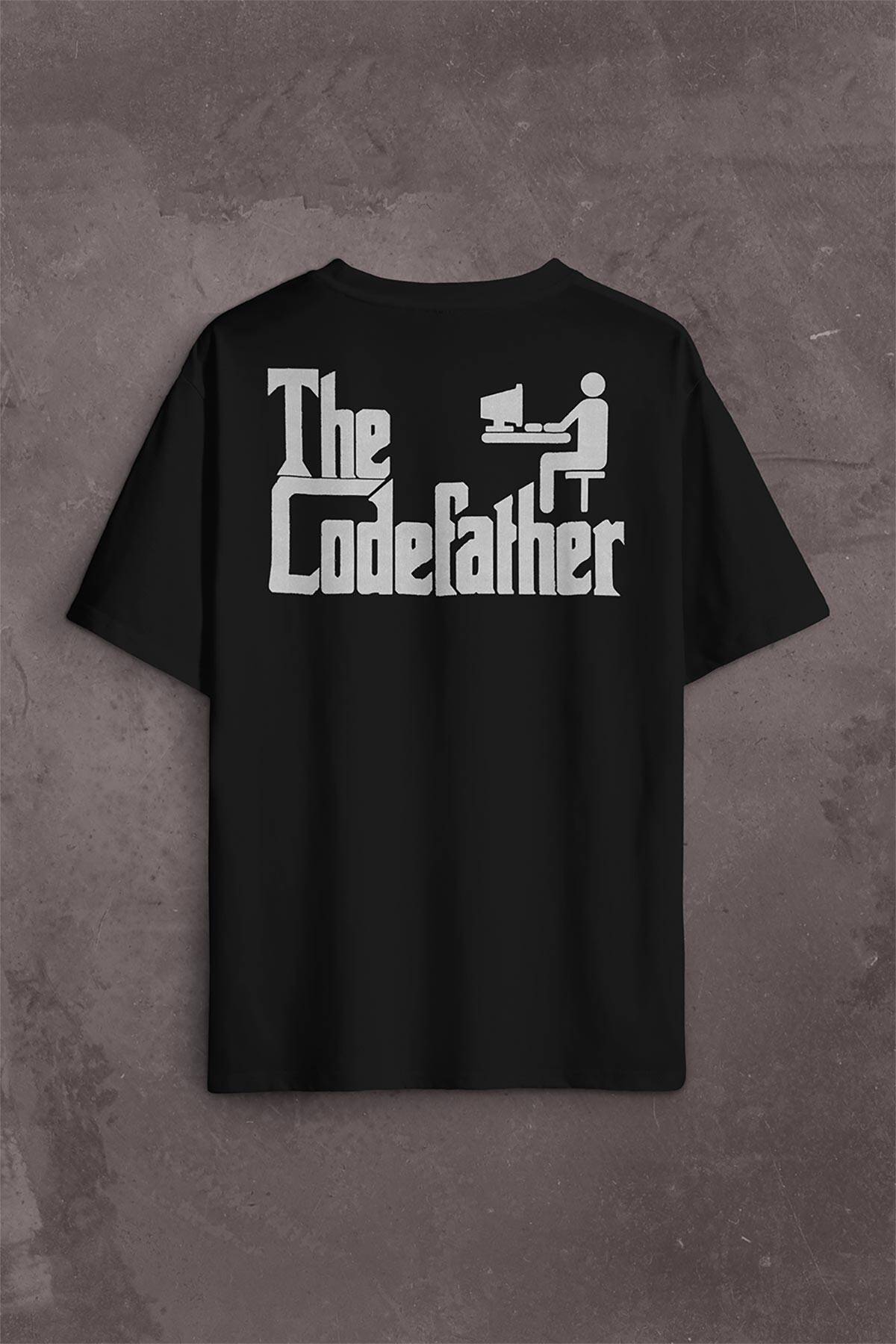 The Codefather Godfather Bilgisayar Code Korsan Hacker Yazılımcı Sırt Ön Baskılı Siyah Oversize Tişört Unisex