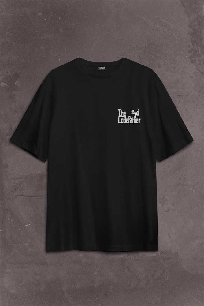 The Codefather Godfather Bilgisayar Code Korsan Hacker Yazılımcı Sırt Ön Baskılı Siyah Oversize Tişört Unisex (1)