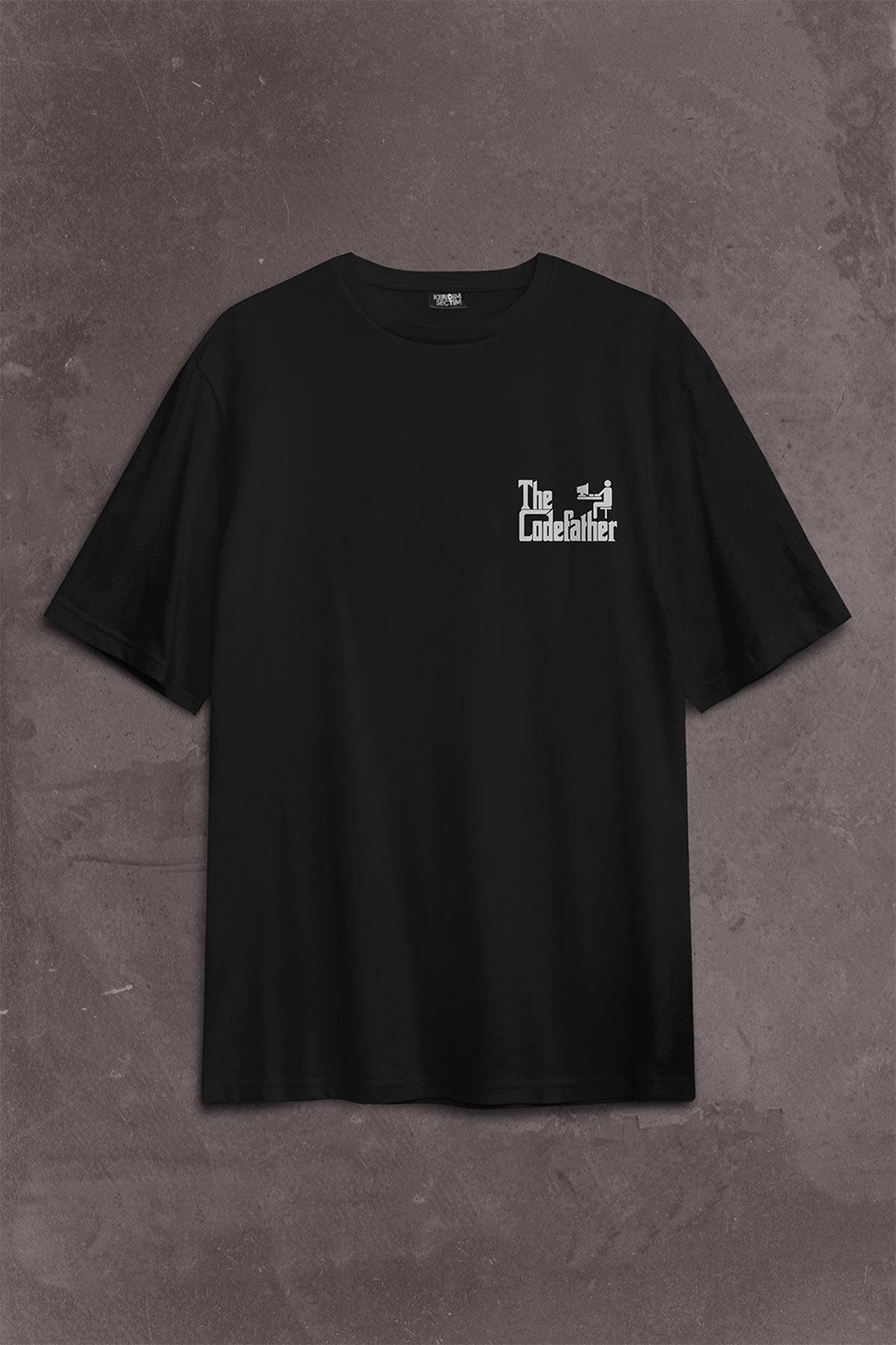 The Codefather Godfather Bilgisayar Code Korsan Hacker Yazılımcı Sırt Ön Baskılı Siyah Oversize Tişört Unisex (1)