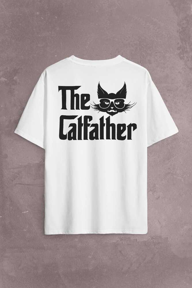 The Godfather Cat Father Catfather Baba Kedi Sırt Ön Baskılı Beyaz Oversize Tişört Unisex