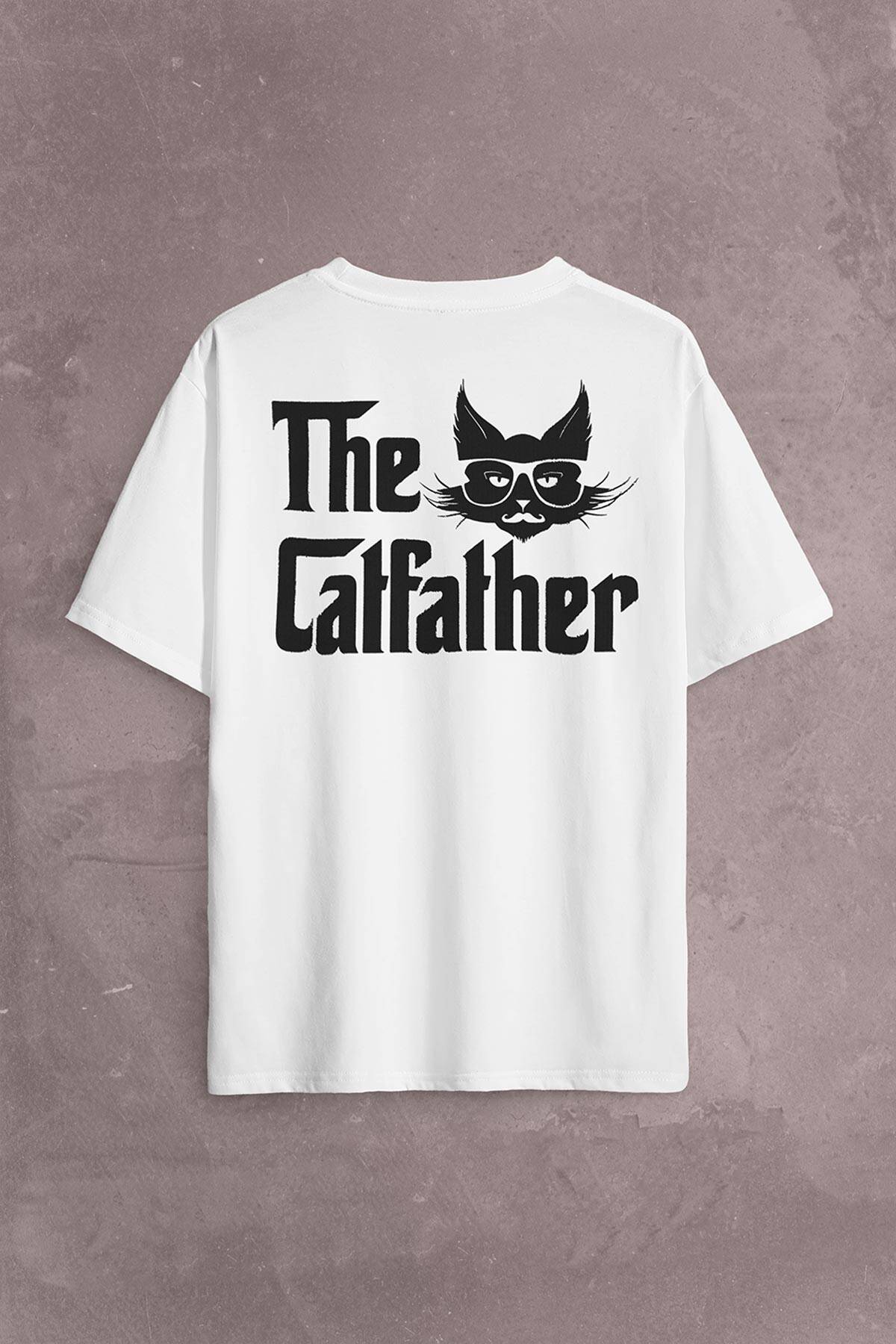 The Godfather Cat Father Catfather Baba Kedi Sırt Ön Baskılı Beyaz Oversize Tişört Unisex