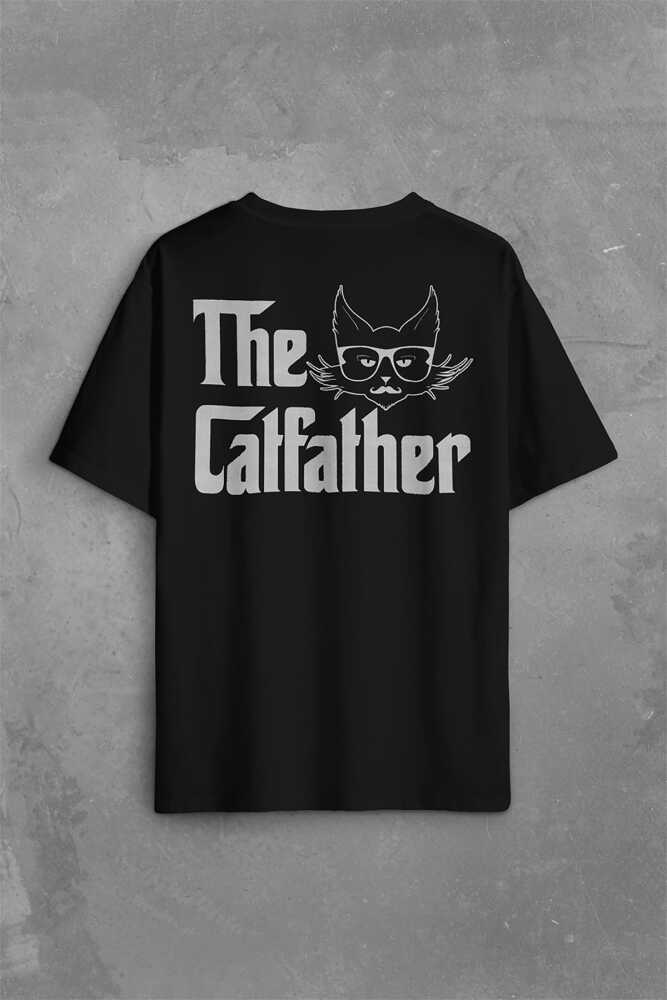 The Godfather Cat Father Catfather Baba Kedi Sırt Ön Baskılı Siyah Oversize Tişört Unisex